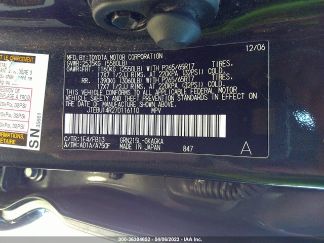 2007 TOYOTA 4RUNNER SR5 VIN: JTEBU14R270116110