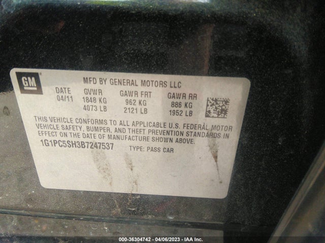 2011 CHEVROLET CRUZE LS VIN: 1G1PC5SH3B7247537