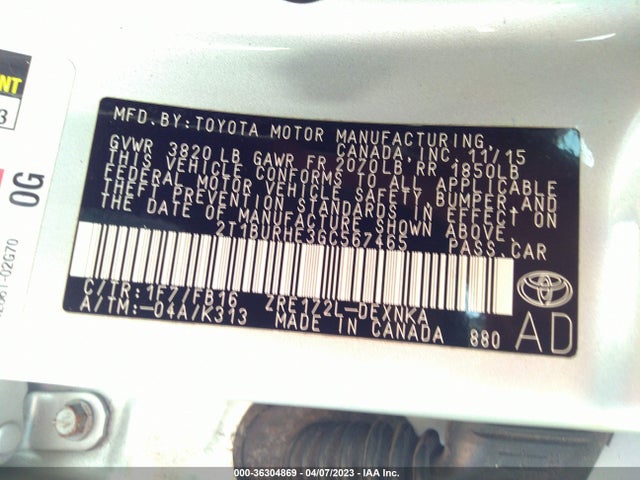 2016 TOYOTA COROLLA L/LE/S/S PLUS/LE PLUS VIN: 2T1BURHE3GC567465