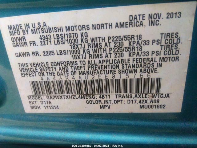 4A4AR4AU2EE015766 Mitsubishi Outlander Sport Se