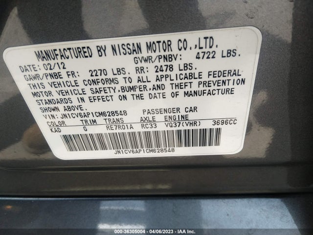 2012 INFINITI G37 SEDAN JOURNEY VIN: JN1CV6AP1CM628548
