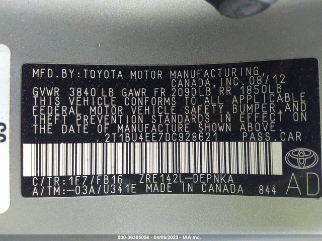2013 TOYOTA COROLLA LE VIN: 2T1BU4EE7DC928621