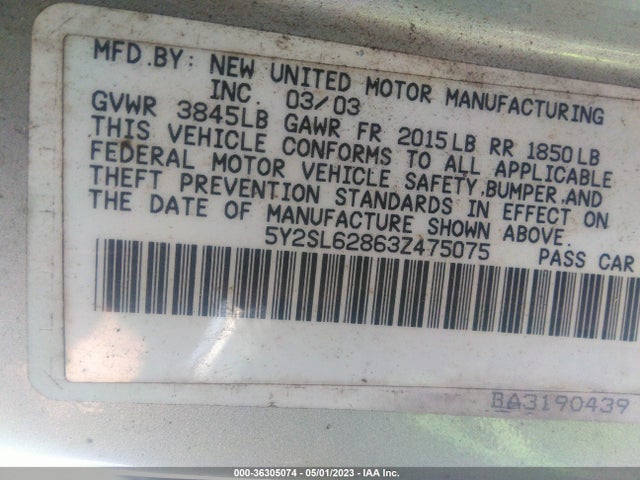 2003 PONTIAC VIBE VIN: 5Y2SL62863Z475075