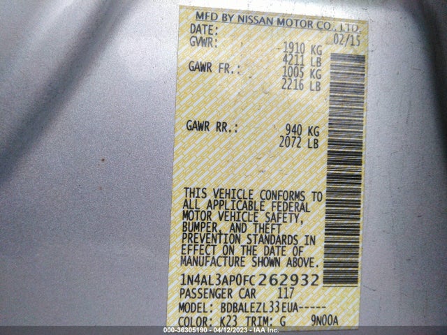 Nissan ALTIMA 2.5 2015 1N4AL3AP0FC262932 Image 11