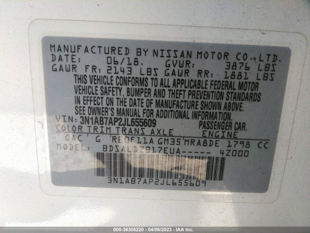 2018 NISSAN SENTRA SV VIN: 3N1AB7AP2JL655609