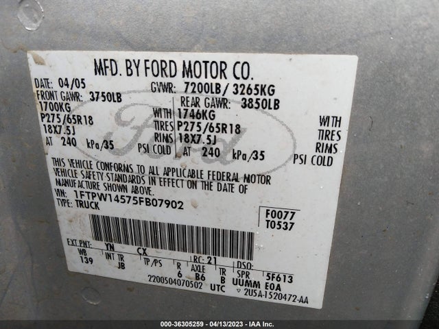 2005 FORD F-150 XLT/FX4/LARIAT/KING RANCH VIN: 1FTPW14575FB07902