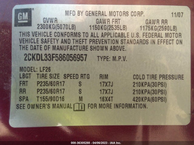2008 PONTIAC TORRENT VIN: 2CKDL33F586056957