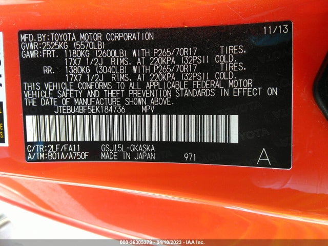2014 Toyota FJ Cruiser, VIN: JTEBU4BF5EK184736