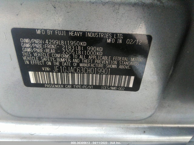 2012 SUBARU IMPREZA SEDAN 2.0I PREMIUM VIN: JF1GJAC63CH019901