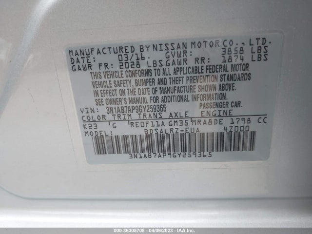 2016 NISSAN SENTRA SR VIN: 3N1AB7AP9GY259365