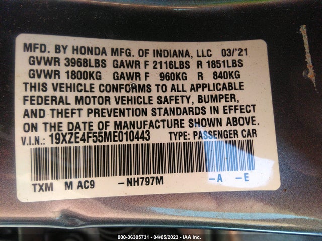 Honda INSIGHT EX 2021 19XZE4F55ME010443 Image 9