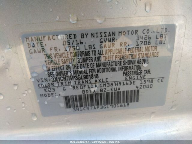3N1CN7AP3GL901818 Nissan VERSA SV