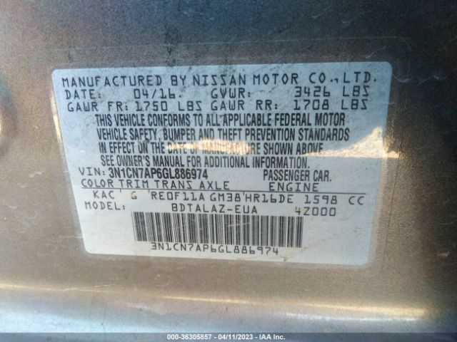 3N1CN7AP6GL886974 Nissan Versa S Plus