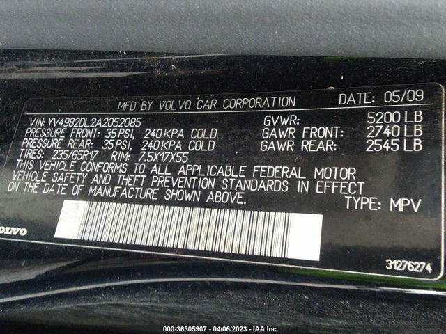 2010 VOLVO XC60 3.2L VIN: YV4982DL2A2052085