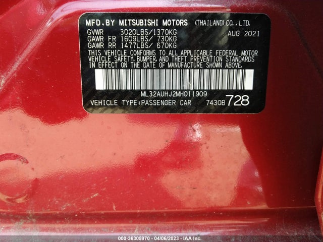 2021 MITSUBISHI MIRAGE ES/LE/CARBONITE EDITION VIN: ML32AUHJ2MH011909