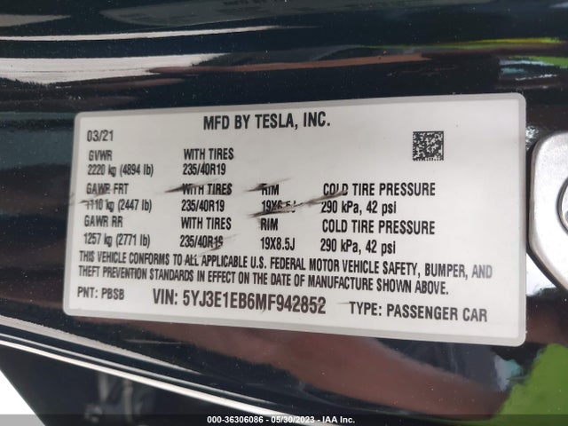 Tesla Model 3 Long Range 2021 5YJ3E1EB6MF942852 Image 9