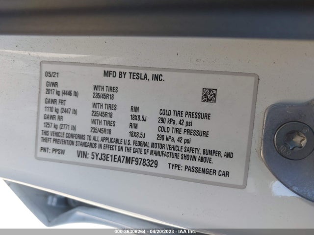 Tesla Model 3 Standard Range Plus 2021 5YJ3E1EA7MF978329 Image 11