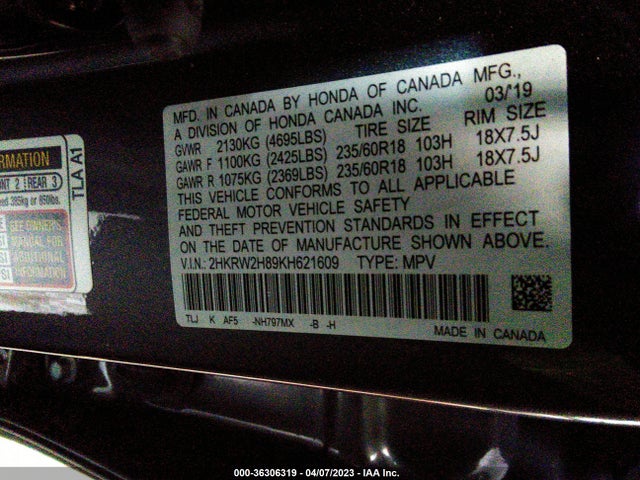 Honda Cr-v Ex-l 2019 2HKRW2H89KH621609 Image 10