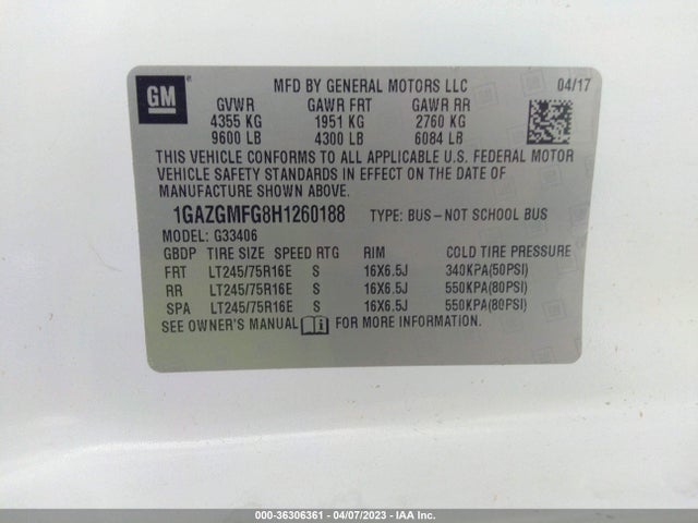 Chevrolet Express Passenger Lt 2017 1GAZGMFG8H1260188 Image 10