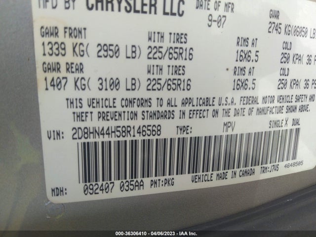 2008 DODGE GRAND CARAVAN SE VIN: 2D8HN44H58R146568