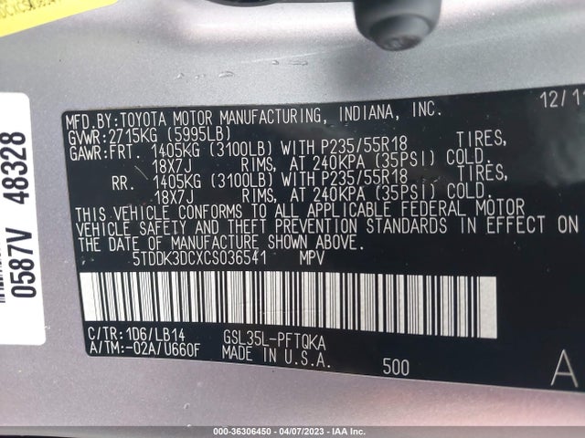 2012 TOYOTA SIENNA XLE/LTD VIN: 5TDDK3DCXCS036541