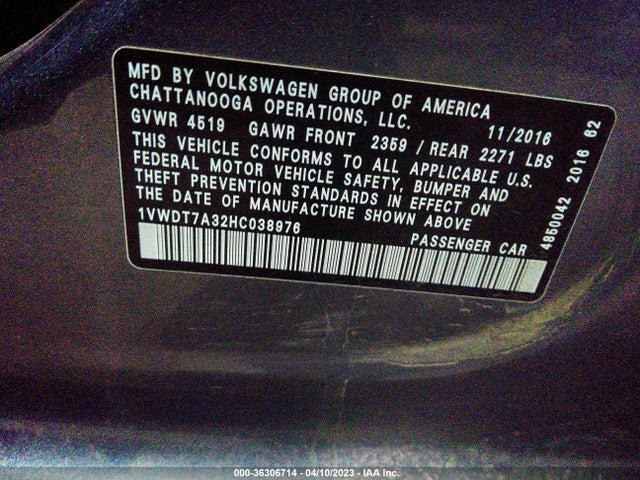 1VWDT7A32HC038976 Volkswagen Passat R-line W/comfort Pkg