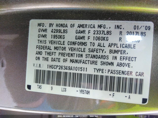 2009 HONDA ACCORD SDN LX VIN: 1HGCP26349A101511
