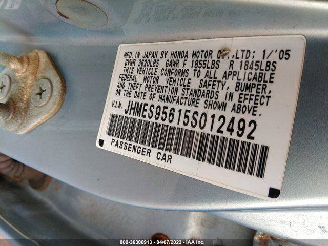 2005 HONDA CIVIC HYBRID VIN: JHMES95615S012492