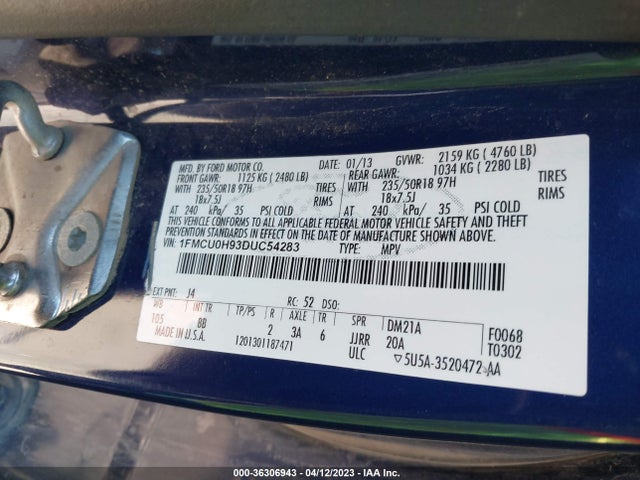 2013 FORD ESCAPE SEL VIN: 1FMCU0H93DUC54283