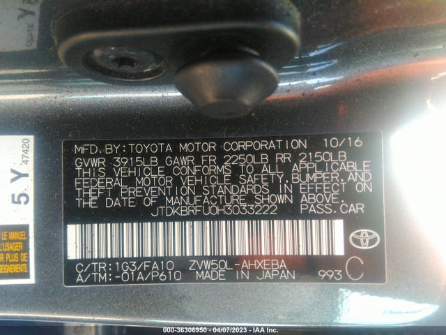 Toyota Prius Two/two Eco/three 2017 JTDKBRFU0H3033222 Image 10