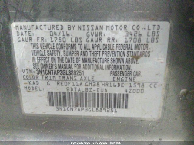 3N1CN7AP3GL889251 Nissan VERSA SV