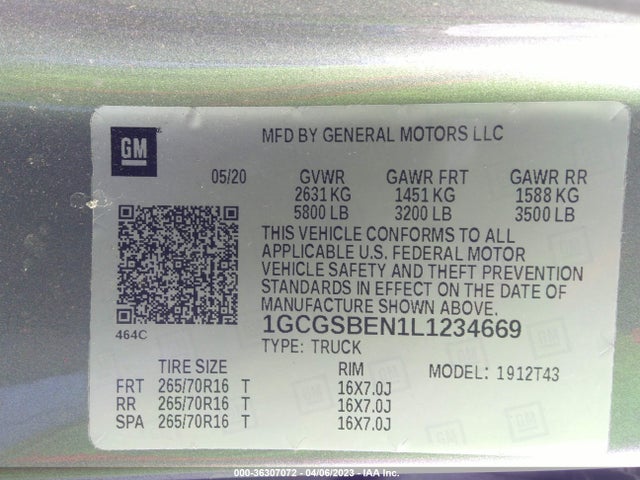2020 CHEVROLET COLORADO 2WD WORK TRUCK VIN: 1GCGSBEN1L1234669