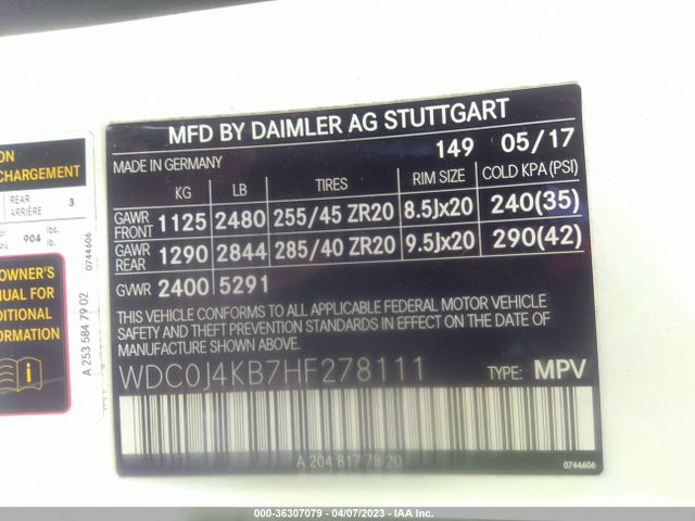 2017 MERCEDES-BENZ GLC GLC 300 VIN: WDC0J4KB7HF278111