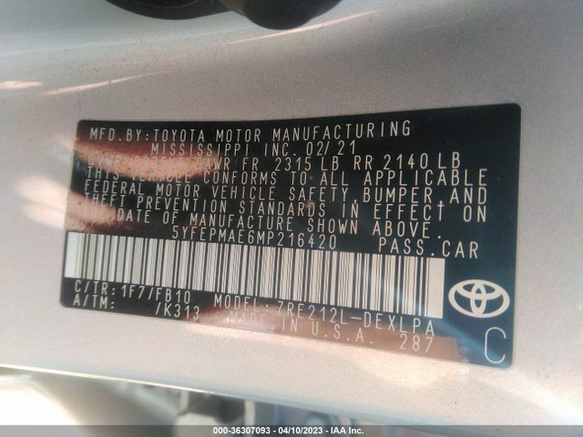 Toyota COROLLA LE 2021 5YFEPMAE6MP216420 Image 10