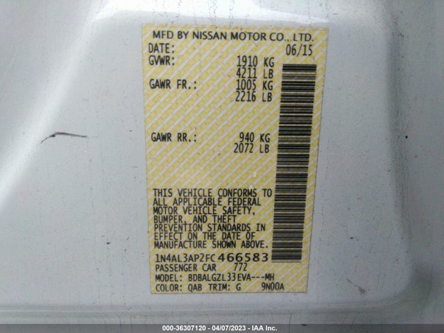 2015 NISSAN ALTIMA 2.5 S VIN: 1N4AL3AP2FC466583