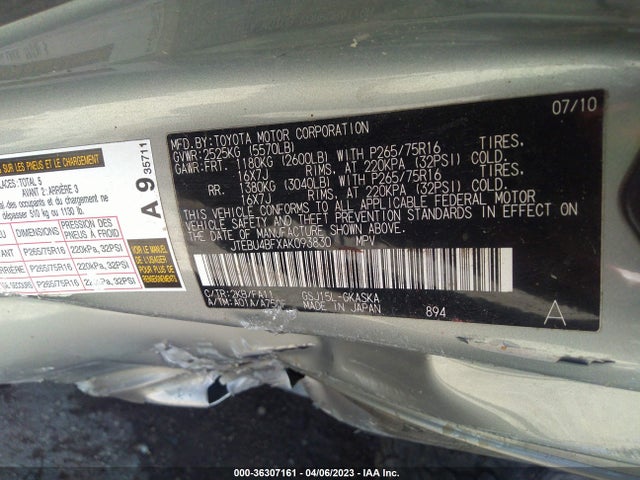 2010 TOYOTA FJ CRUISER VIN: JTEBU4BFXAK093830