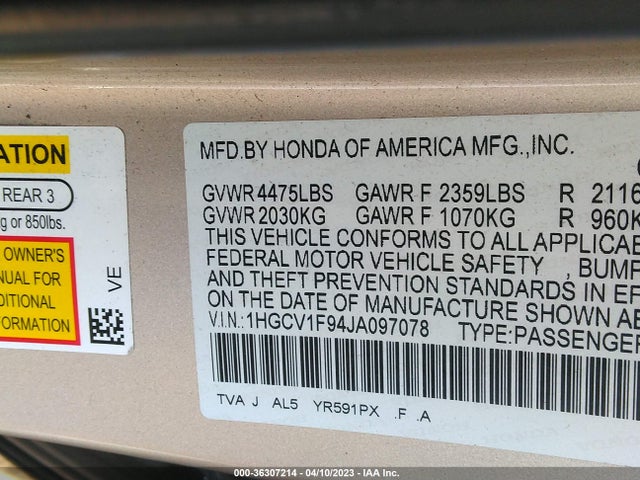 Honda Accord Touring 2018 1HGCV1F94JA097078 Image 9