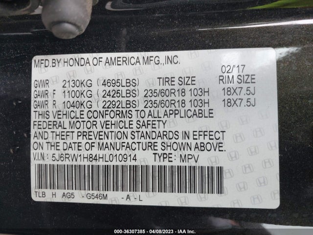 Honda Cr-v Ex-l 2017 5J6RW1H84HL010914 Image 9