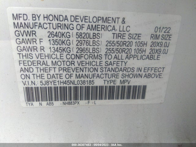 5J8YE1H45NL038185 Acura Mdx W/technology Package