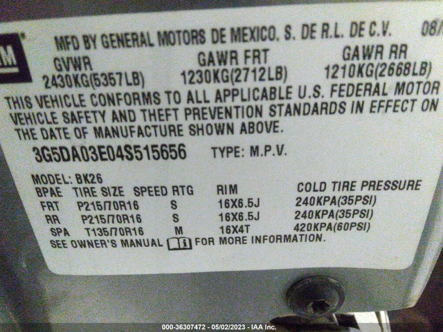 2004 BUICK RENDEZVOUS VIN: 3G5DA03E04S515656
