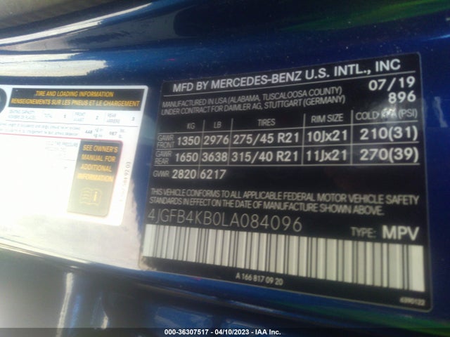 2020 MERCEDES-BENZ GLE GLE 350 VIN: 4JGFB4KB0LA084096