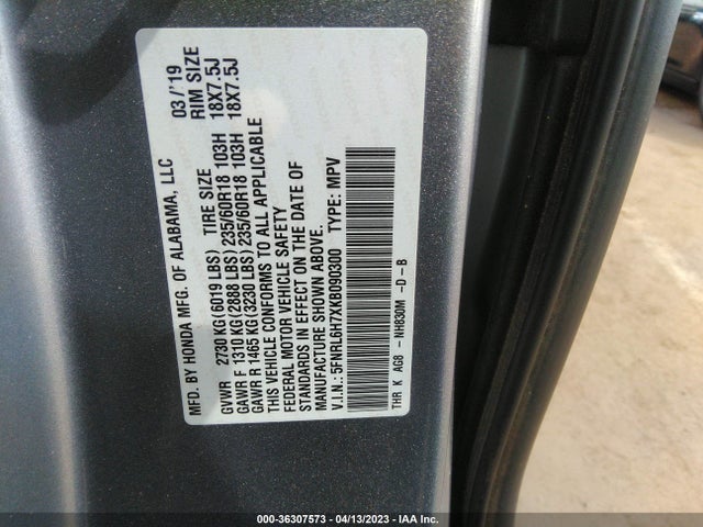 2019 HONDA ODYSSEY EX-L VIN: 5FNRL6H7XKB090300