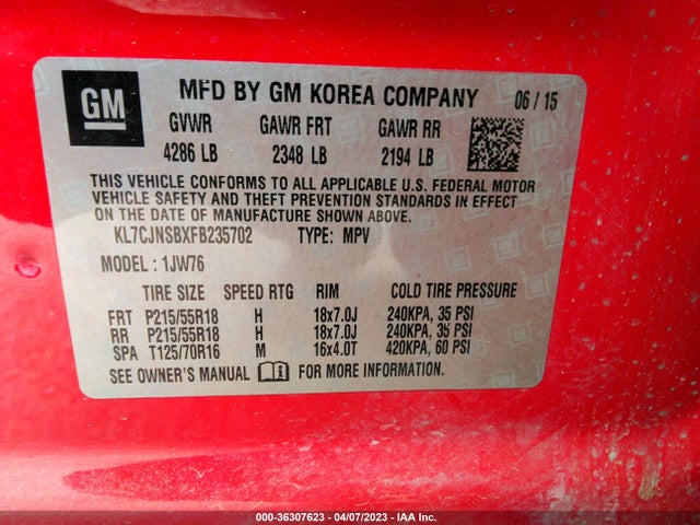 2015 Chevrolet Trax, VIN: KL7CJNSBXFB235702