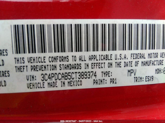 2012 DODGE JOURNEY AMERICAN VALUE PKG VIN: 3C4PDCAB5CT389374