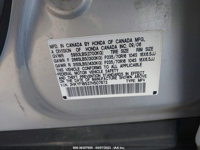 2007 HONDA PILOT EX-L VIN: 2HKYF18537H507673