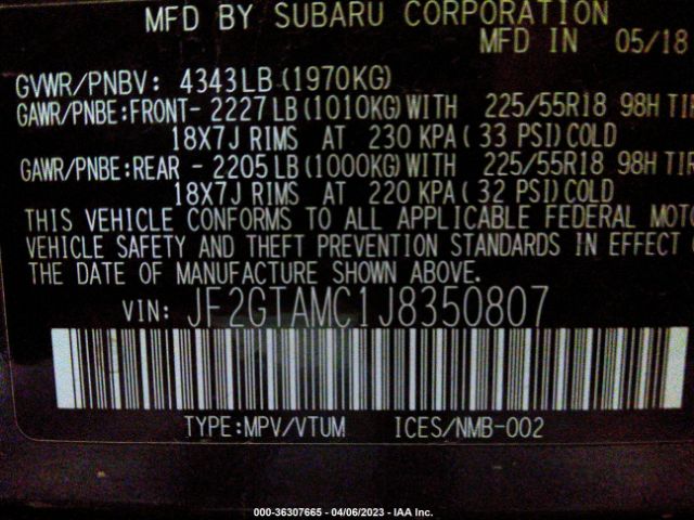 JF2GTAMC1J8350807 Subaru Crosstrek Limited