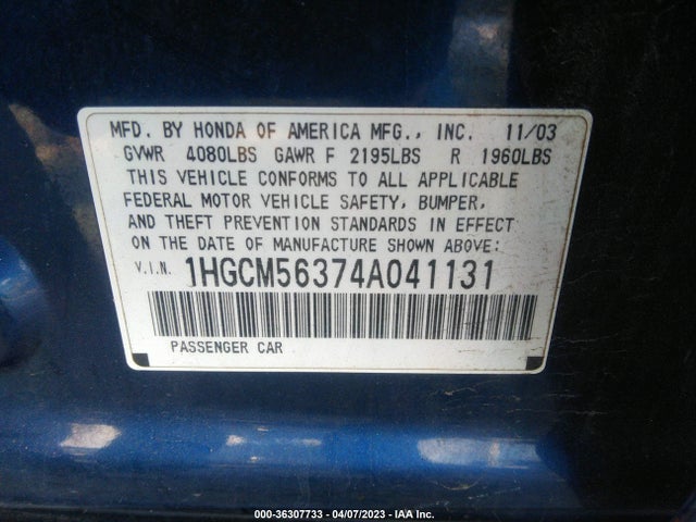 2004 HONDA ACCORD SDN LX VIN: 1HGCM56374A041131