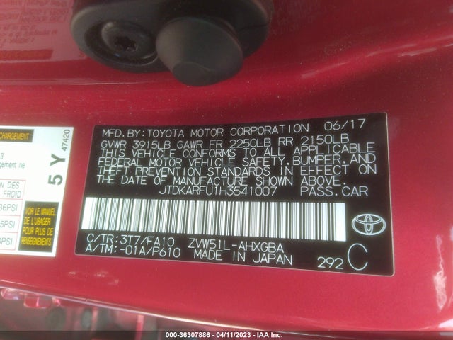 2017 TOYOTA PRIUS TWO/TWO ECO/THREE VIN: JTDKARFU1H3541007