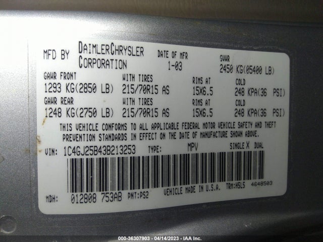 2003 CHRYSLER VOYAGER LX VIN: 1C4GJ25B43B213253