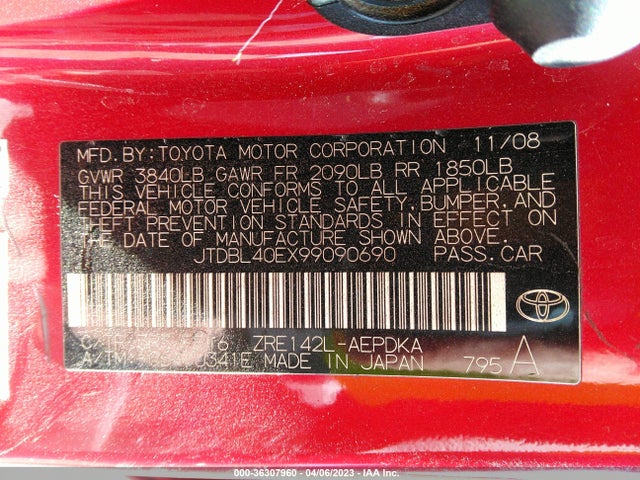 2009 TOYOTA COROLLA LE VIN: JTDBL40EX99090690